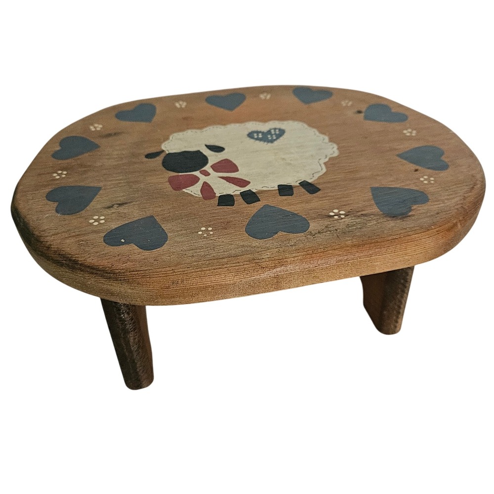 Vintage Hand Painted Wooden Sheep Step Stool Folk Art Country Hearts Plant Stand